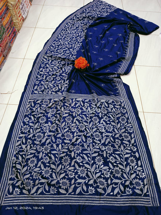 Devina | Kantha Sarees On Bengalore Silk in Blue Color