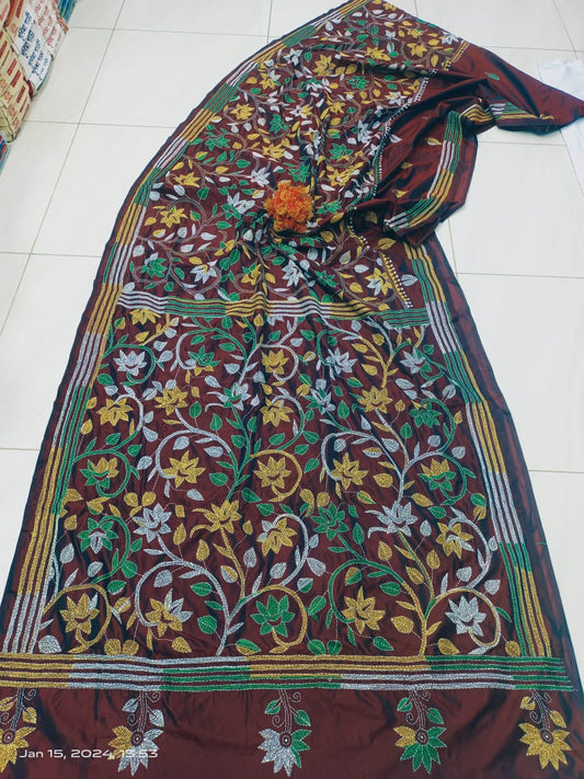 Farida | Kantha Sarees On Bengalore Silk in Maroon Color