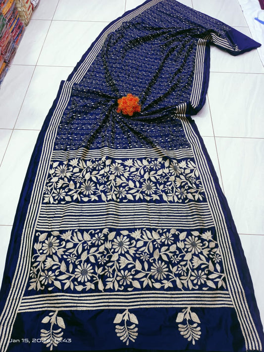 Amara | Kantha Sarees On Bengalore Silk in indigo Color
