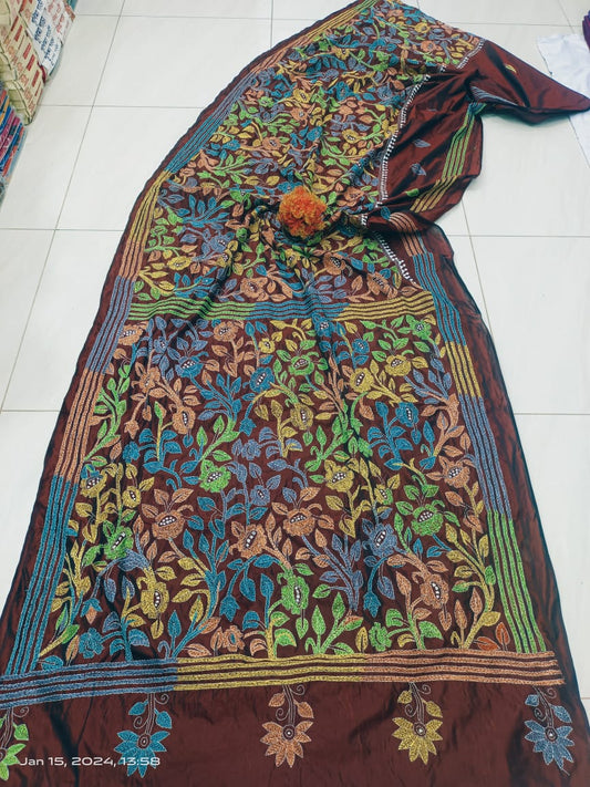 Eesha | Kantha Sarees On Bengalore Silk in brown Color