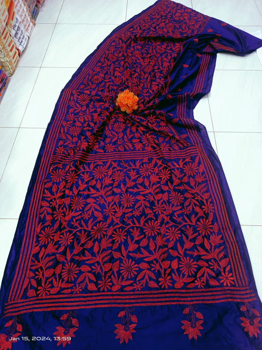 Aadhavi | Kantha Sarees On Bengalore Silk in Darkblue Color