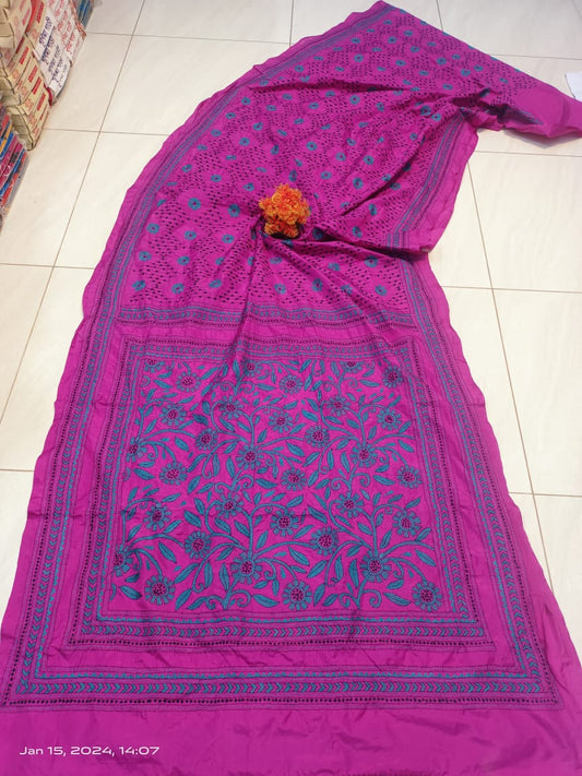 Amulya | Kantha Sarees On Bengalore Silk in Deeppink Color