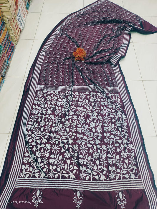 Alani | Kantha Sarees On Bengalore Silk in Darkmagenta Color
