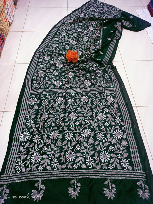 Aniya | Kantha Sarees On Bengalore Silk in darkgreen Color
