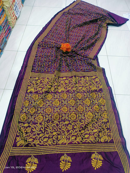 Aashvi | Kantha Sarees On Bangalore Silk in purple Color