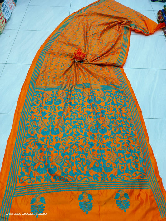 Divya | Kantha Sarees On Bengalore Silk in DeepOrange Color