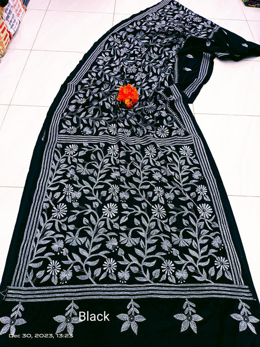 Jivika | Kantha Sarees On Bengalore Silk in Black Color
