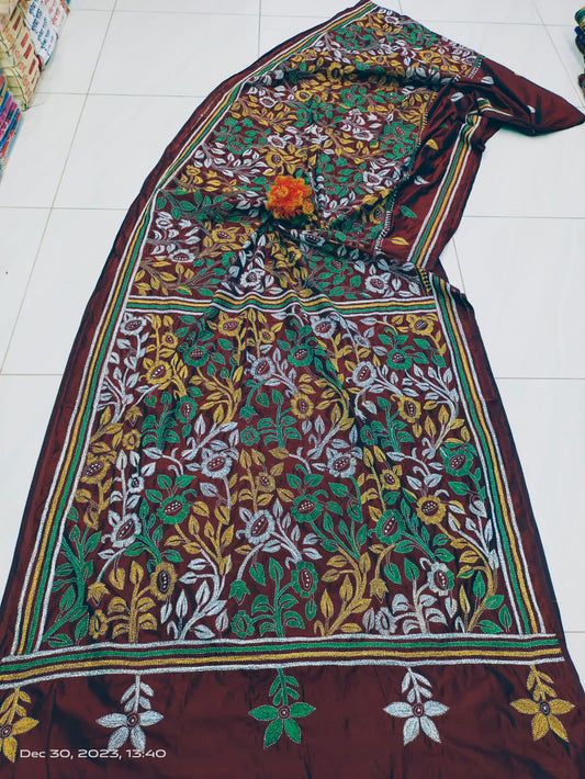 Jhansi | Kantha Sarees On Bengalore Silk in Deepmaroon Color