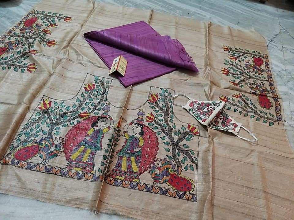 Meera | Pure Tussar Ghicha Plain Saree With Madhubani Hand Painting Blouse Pc