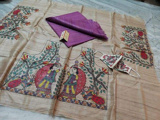 Meera | Pure Tussar Ghicha Plain pure Silk Saree With Madhubani Hand Painting Blouse Pc