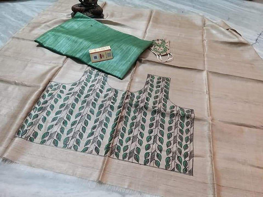 Shyla | Pure Tussar Ghicha Plain pure Silk Saree With Madhubani Hand Painting Blouse Pc