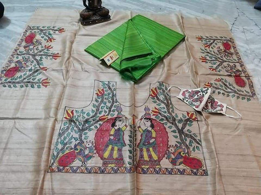 Lavanya | Pure Tussar Ghicha Plain pure Silk Saree With Madhubani Hand Painting Blouse Pc