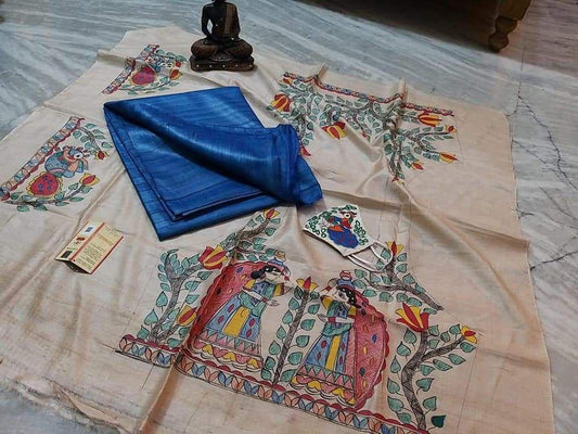 Jaya | Pure Tussar Ghicha Plain pure Silk Saree With Madhubani Hand Painting Blouse Pc