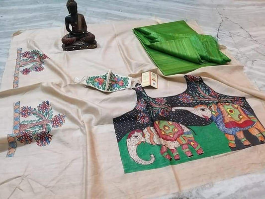 Aashvi | Pure Tussar Ghicha Plain pure Silk Saree With Madhubani Hand Painting Blouse Pc