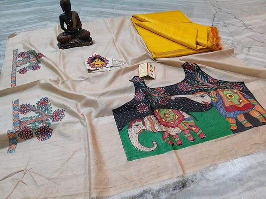Lakshmi | Pure Tussar Ghicha Plain pure Silk Saree With Madhubani Hand Painting Blouse Pc