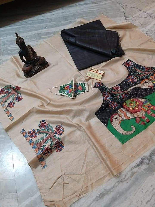 Saanvi | Pure Tussar Ghicha Plain pure Silk Saree With Madhubani Hand Painting Blouse Pc