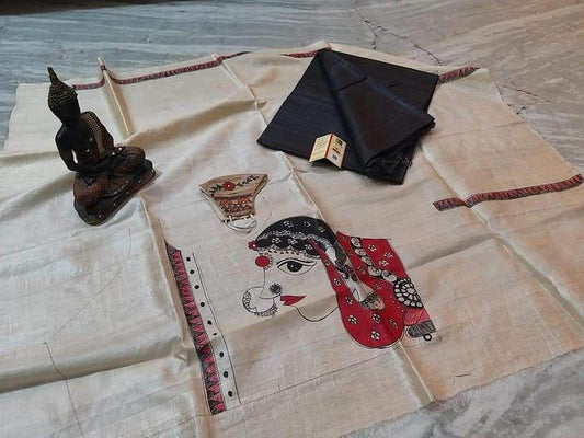 Sita | Pure Tussar Ghicha Plain pure Silk Saree With Madhubani Hand Painting Blouse Pc