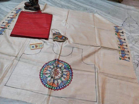 Sahara | Pure Tussar Ghicha Plain pure Silk Saree With Madhubani Hand Painting Blouse Pc