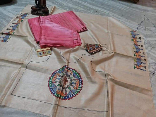Surya | Pure Tussar Ghicha Plain pure Silk Saree With Madhubani Hand Painting Blouse Pc