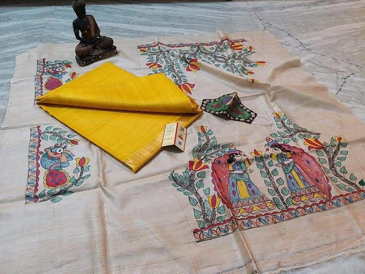 Satya | Pure Tussar Ghicha Plain pure Silk Saree With Madhubani Hand Painting Blouse Pc