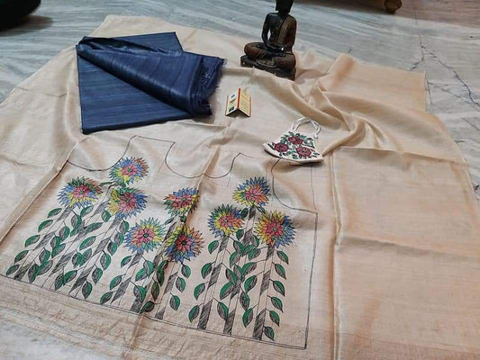 Divya | Pure Tussar Ghicha Plain pure Silk Saree With Madhubani Hand Painting Blouse Pc