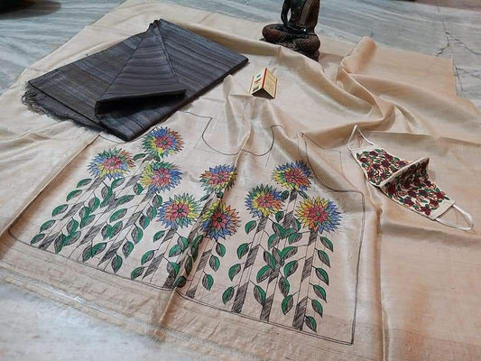 Uma | Pure Tussar Ghicha Plain pure Silk Saree With Madhubani Hand Painting Blouse Pc