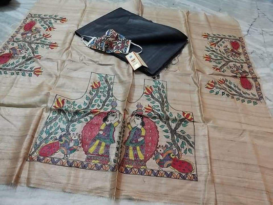 Kimaya | Pure Tussar Ghicha Plain pure Silk Saree With Madhubani Hand Painting Blouse Pc