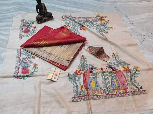 Aarya | Pure Tussar Ghicha Plain pure Silk Saree With Madhubani Hand Painting Blouse Pc