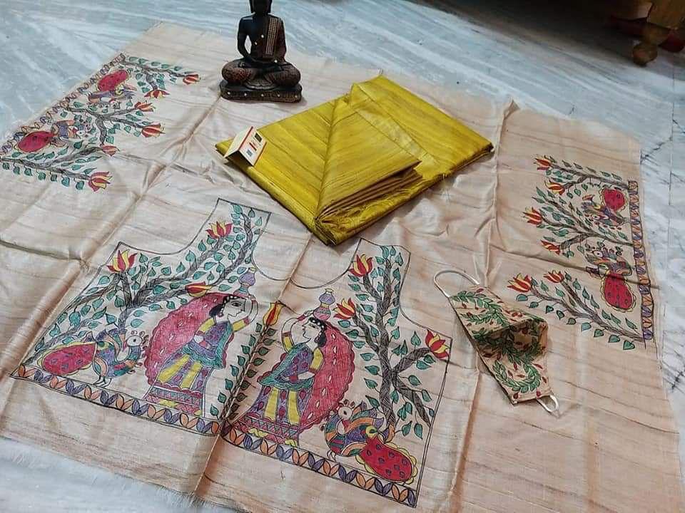 Saumya | Pure Tussar Ghicha Plain Saree With Madhubani Hand Painting Blouse Pc