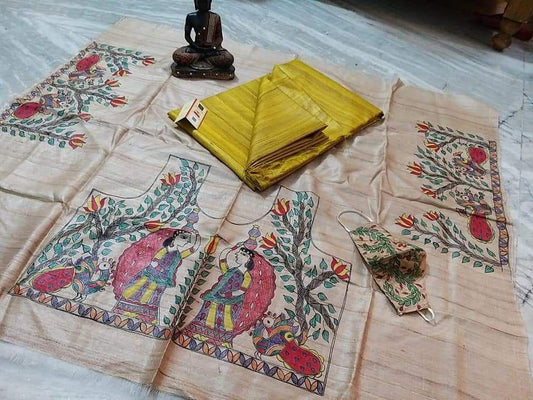 Saumya | Pure Tussar Ghicha Plain pure Silk Saree With Madhubani Hand Painting Blouse Pc