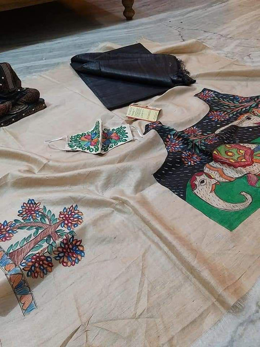 Navi | Pure Tussar Ghicha Plain pure Silk Saree With Madhubani Hand Painting Blouse Pc