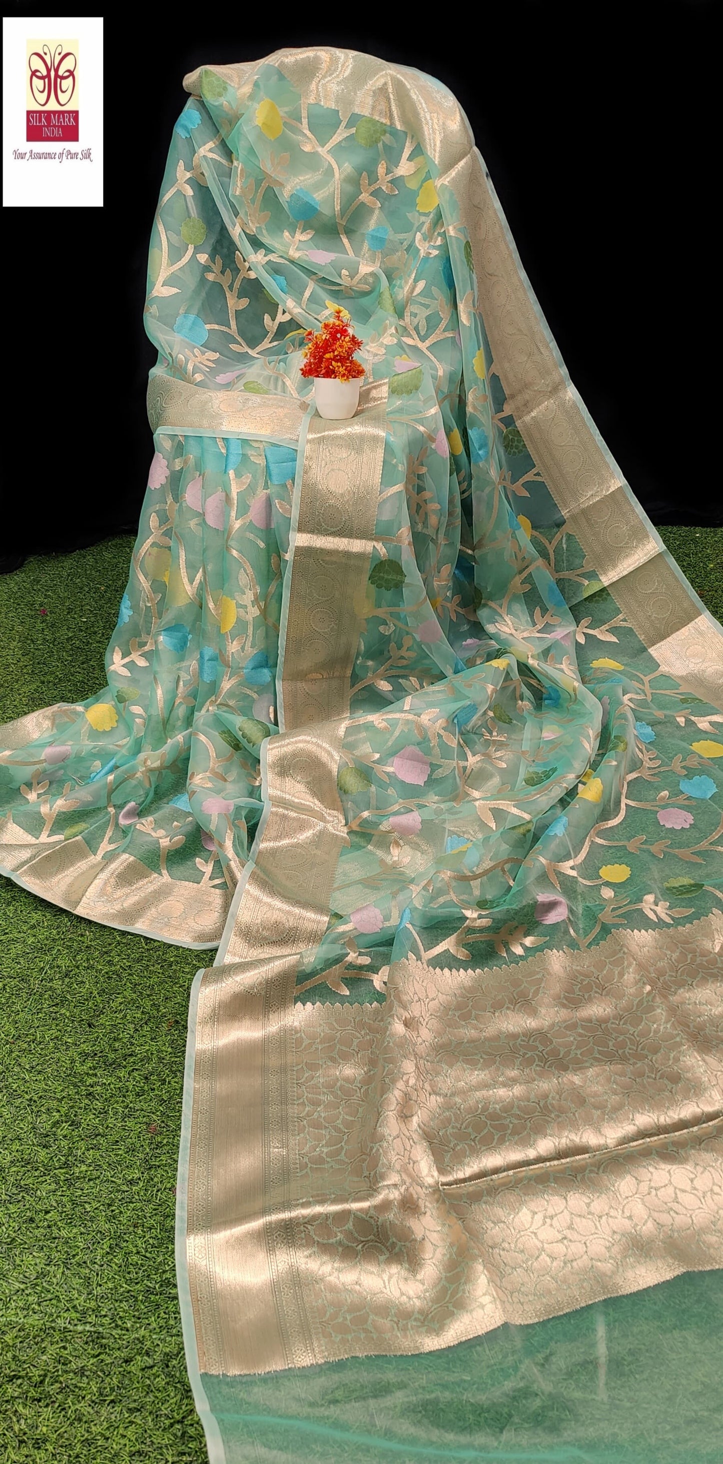 Jiya | Organza Benarasee Saree in Mediumturquoise color