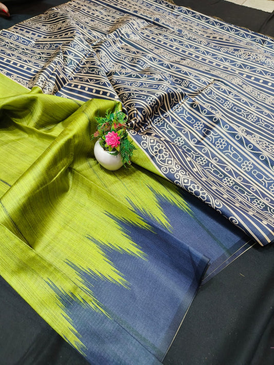 Maya | Semi Tussar Silk With Digital Handloom Print And Contract  Blouse