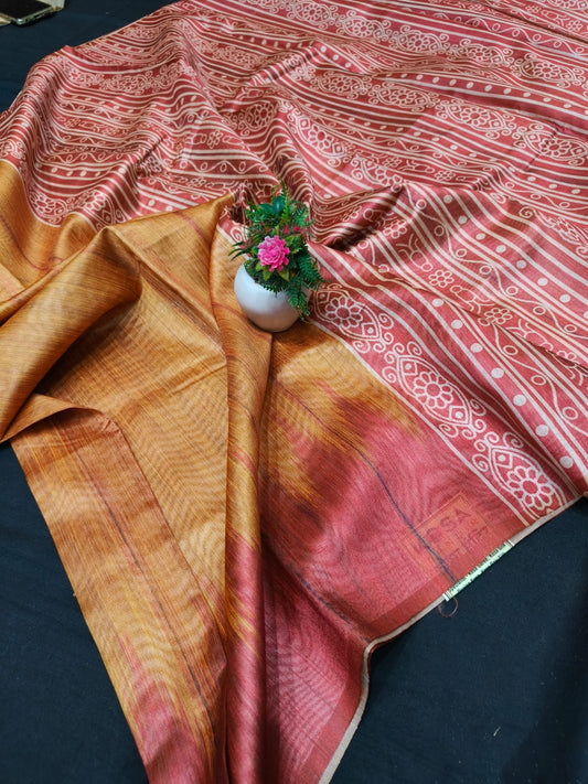 Amayra | Handloom Semi Tussar Silk Digital Print And Contrast Blouse