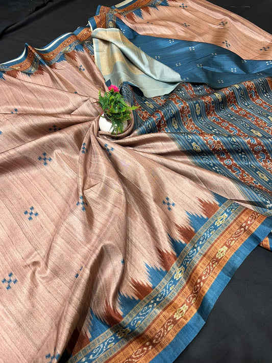 Aarvi | Semi Tussar Silk With Digital Handloom Print And Contract  Blouse