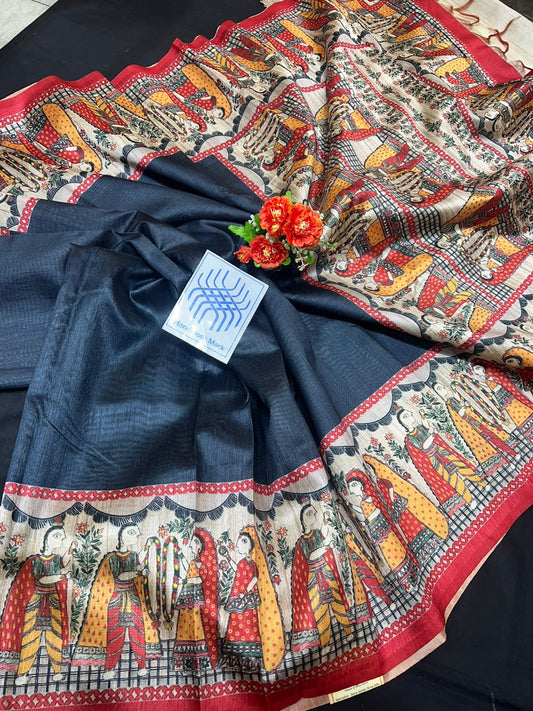 Ishani | Semi Tussar Silk With Digital Handloom Print And Contract  Blouse