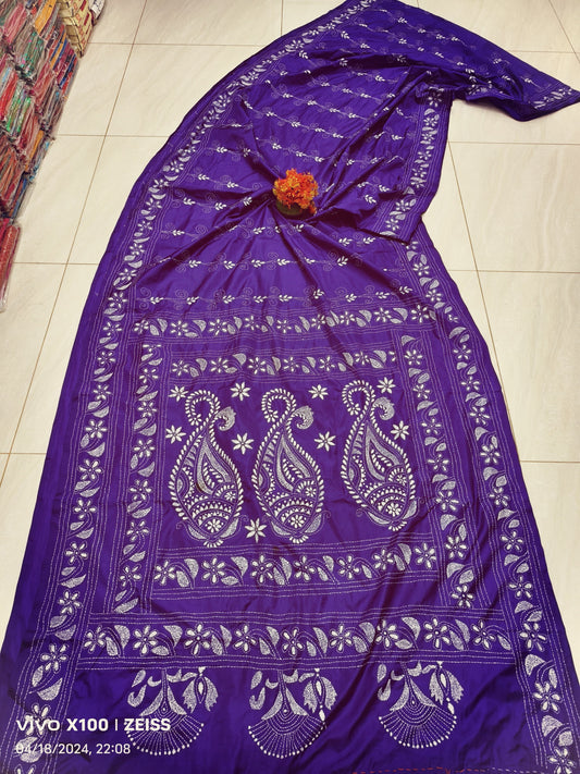 Adya | Traditional kantha stitch on Assam silk Saree