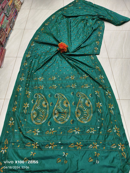 Advika | Traditional kantha stitch on Assam silk Saree