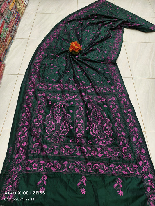 Abha | Traditional kantha stitch on Assam silk Saree