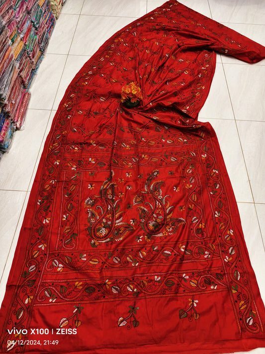 Aarini | Traditional kantha stitch on Assam silk Saree