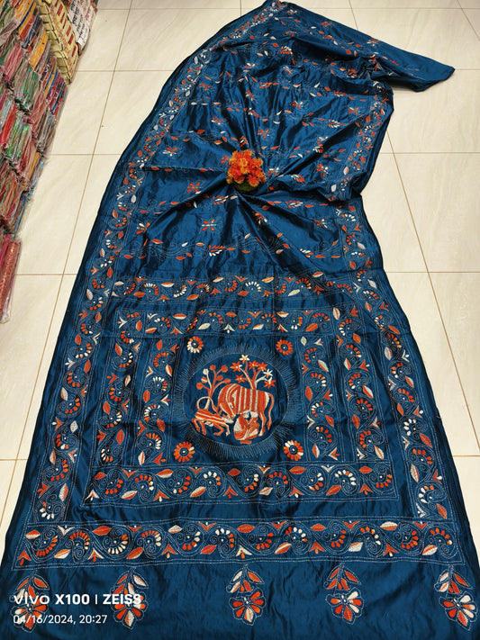 Amrita | Traditional kantha stitch on Assam silk Saree
