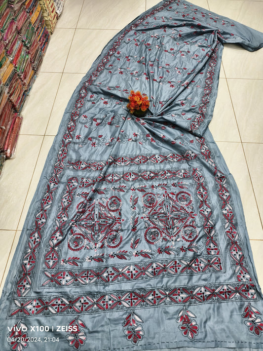 Aahana | Traditional kantha stitch on Assam silk Saree