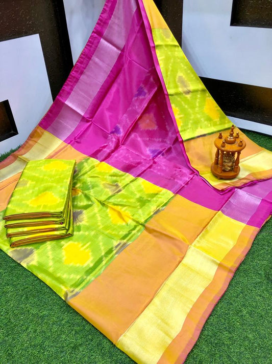 Saira | ikat design silk sarees - greenyellow & magenta