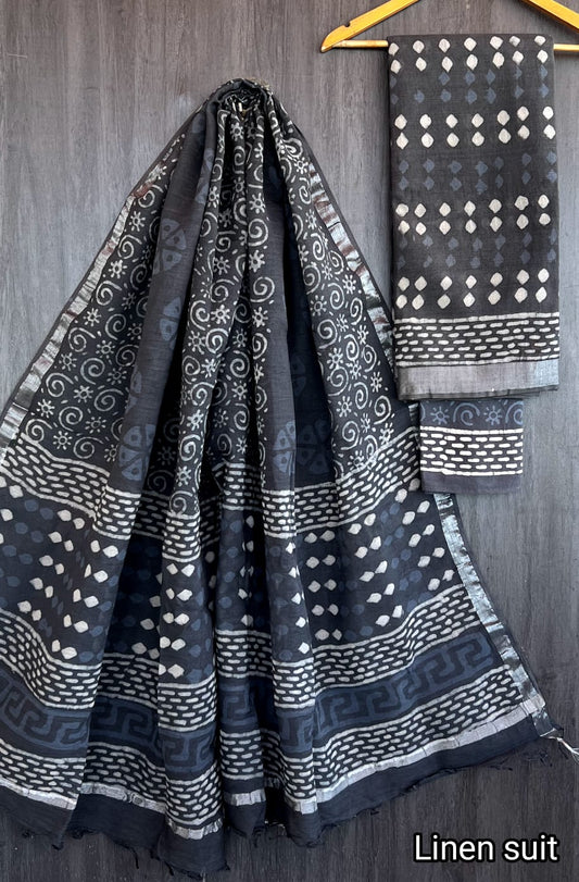 Geetanjali | Hand Block Printed Linen Suit Set with Linen Cotton Dupatta