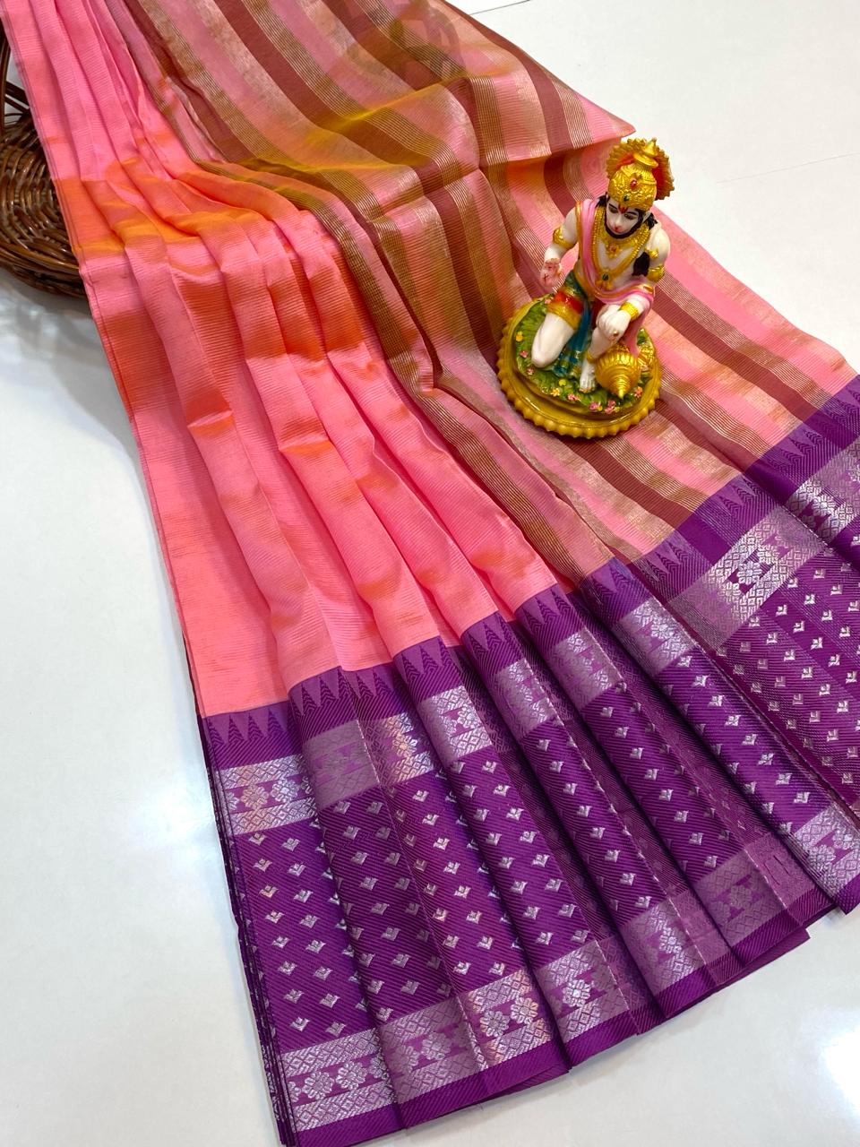 Krishna | MANGALAGIRI COTTON BY PATTU PLAIN BODY WITH BORDER BUTTA SAREES