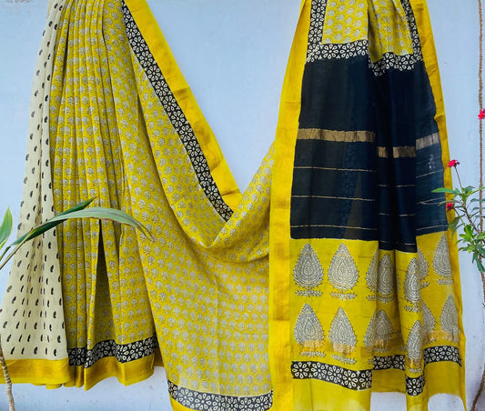 Bindu | Block printed Maheshwari Silk Saree