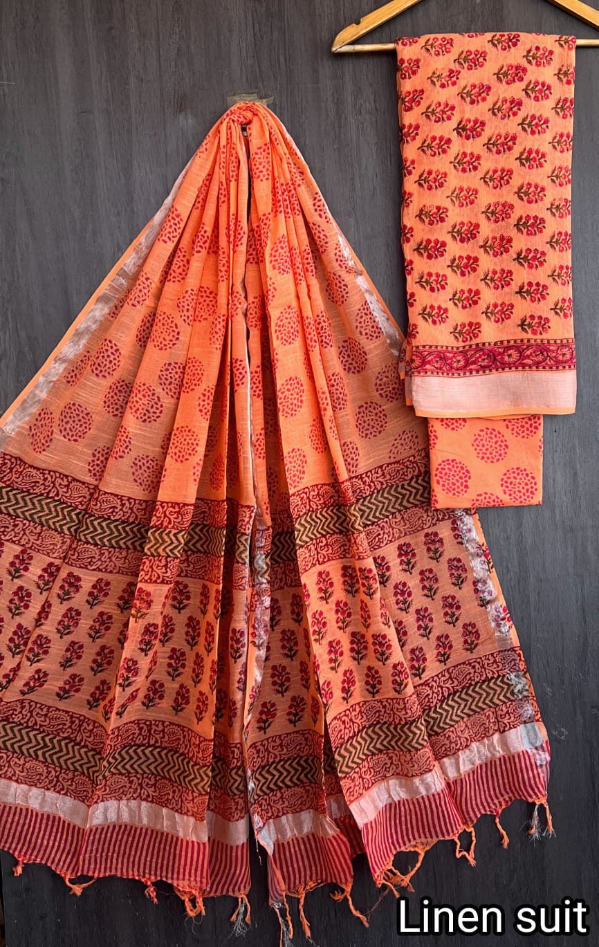 Farah | Hand Block Printed Linen Suit Set with Linen Cotton Dupatta