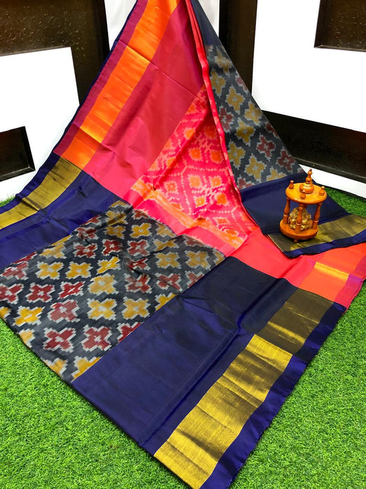 Saira | ikat design silk sarees - darkblue with pink