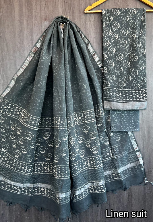 Hebah | Hand Block Printed Linen Suit Set with Linen Cotton Dupatta