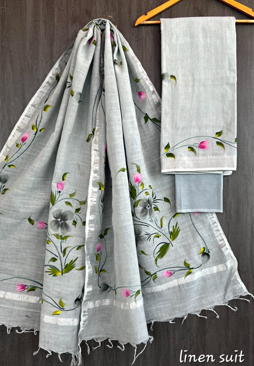 Deepti  | Hand Block Printed Linen Suit Set with Linen Cotton Dupatta